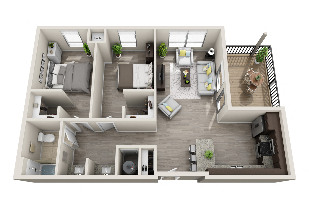 Floor plan for 2 beds, 1 bath, 960 sqft